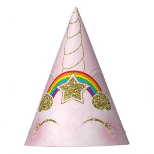 Pink & Gold Rainbow Star Unicorn Horn Face Party Hat