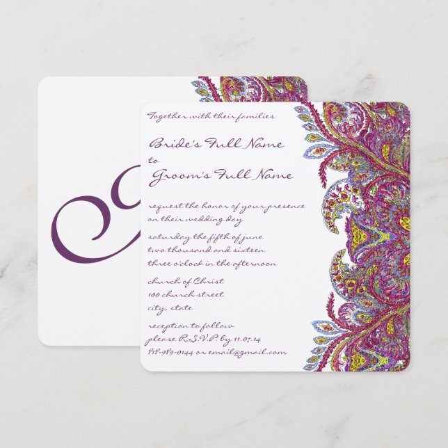 Pink Gold Raspberry Paisley Damask Floral Wedding Invitation (Front/Back)