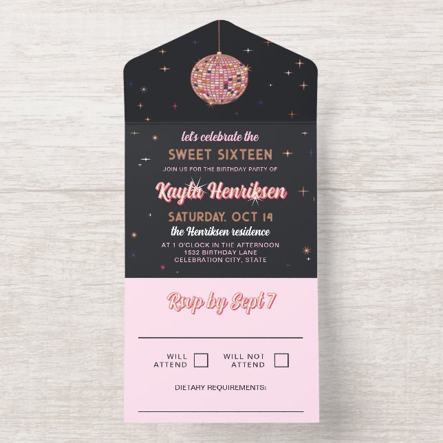 Pink Gold Retro Discoball Flares Sweet 16 Party All In One Invitation (Inside)