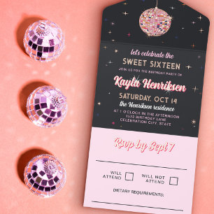 Pink Gold Retro Discoball Flares Sweet 16 Party All In One Invitation