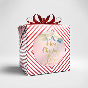 Pink Gold Ribbon Christmas Happy New Year Greeting Classic Round Sticker