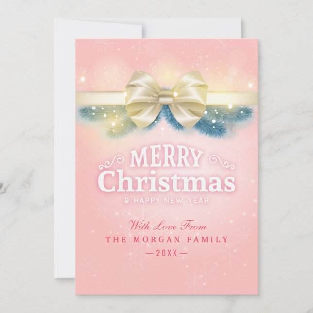 Pink Gold Ribbon Christmas New Year Greeting Photo Holiday Card (Front)