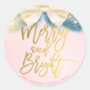 Pink Gold Ribbon Merry and Bright Script Greeting Classic Round Sticker
