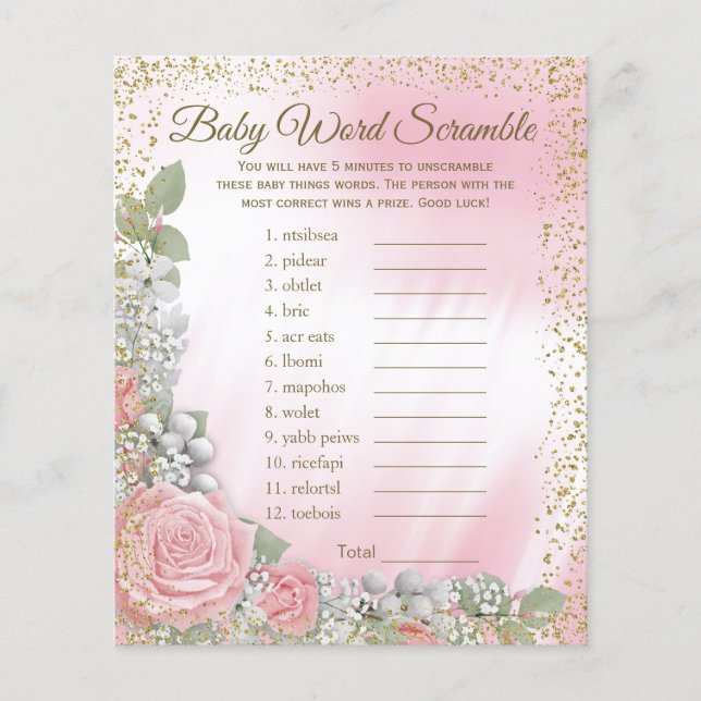 Pink Gold Rose Babys Breath Girl Baby Shower Games Flyer (Front)