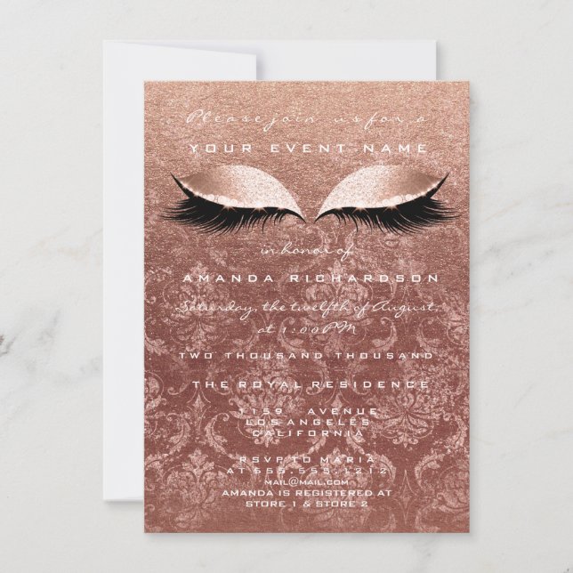 Pink Gold Rose Damask Eyes Glitter 16th Bridal Invitation (Front)