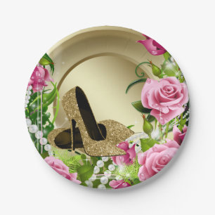 Pink Gold Rose High Heel Shoe Pearl Birthday Party Paper Plate