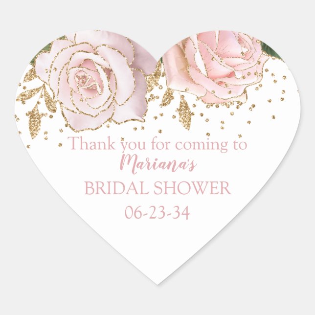 Pink Gold Roses Bridal Shower Heart Sticker (Front)