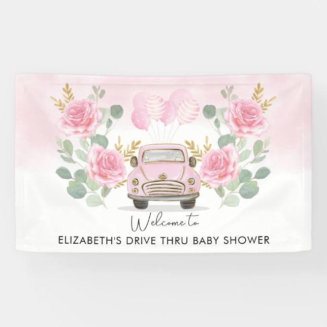 Pink Gold Roses Drive By Baby Shower Welcome Yard Banner (Horizontal)