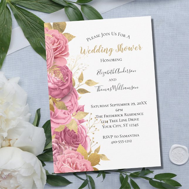Pink Gold Roses Floral Formal Wedding Shower Invitation (Creator Uploaded)