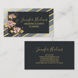 Pink Gold Roses Grey Golden Stripes Lines Floral Business Card