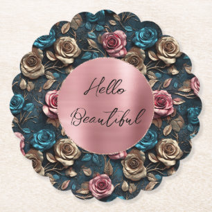 Pink Gold Roses Paper Coaster