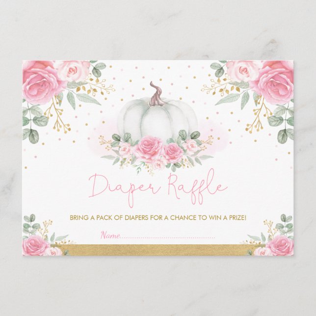 Pink Gold Roses Pumpkin Baby Shower Diaper Raffle Enclosure Card (Front)