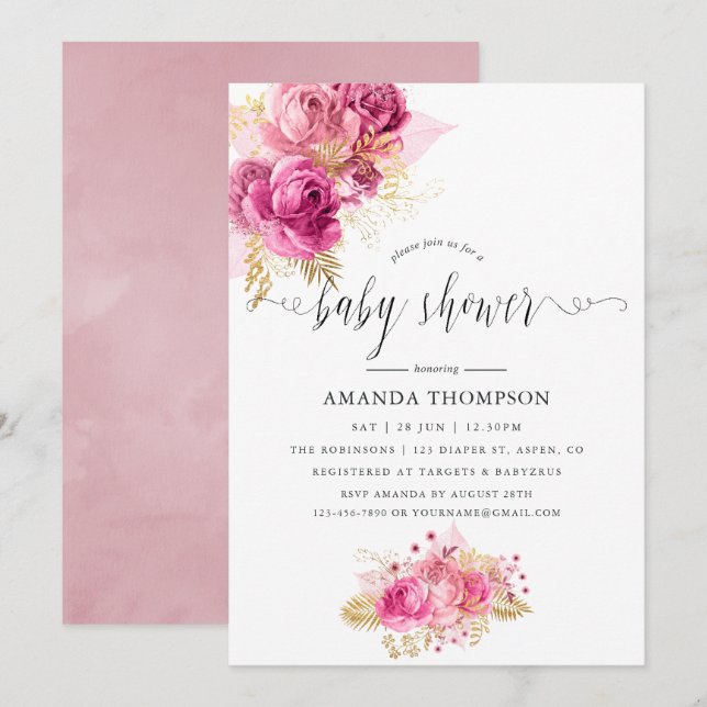 Pink & Gold Roses Watercolor Baby Shower Invitation (Front/Back)