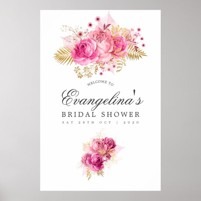 Pink & Gold Roses Watercolor Bridal Shower Welcome Poster (Front)