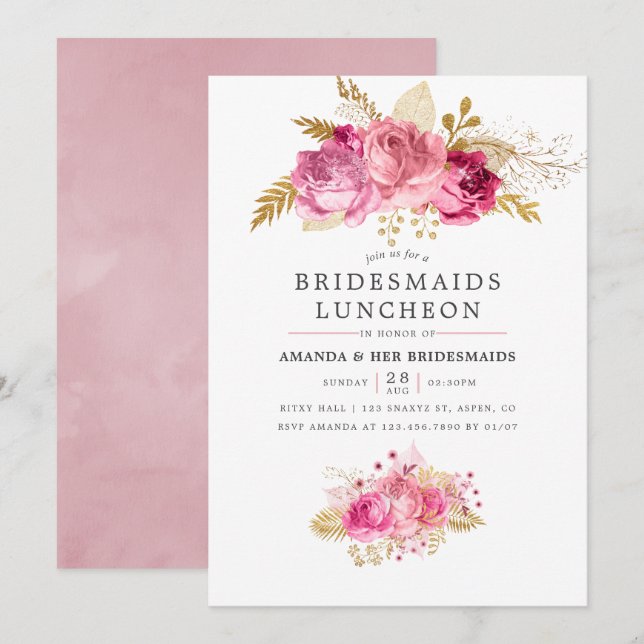 Pink & Gold Roses Watercolor Bridesmaids Luncheon Invitation (Front/Back)