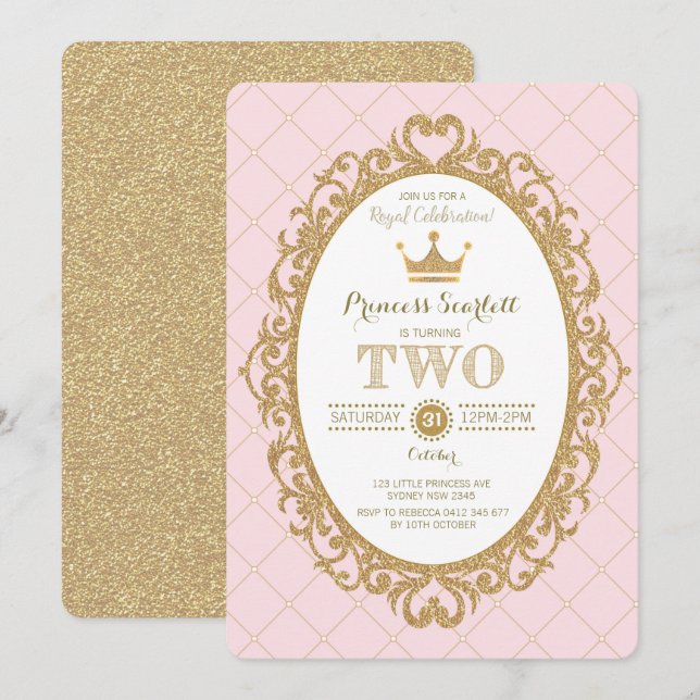 Pink Gold Royal Crown Princess 2nd Birthday Party Invitation (Front/Back)