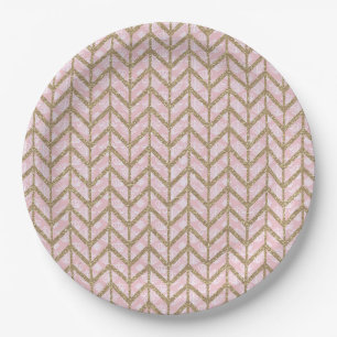 Pink Gold Royal Damask Chevron Glitter Photo Print Paper Plate