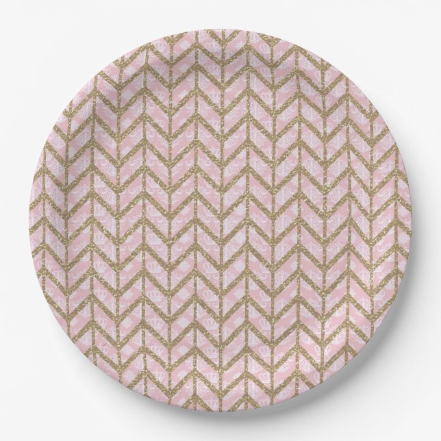 Pink Gold Royal Damask Chevron Glitter Photo Print Paper Plate (Front)