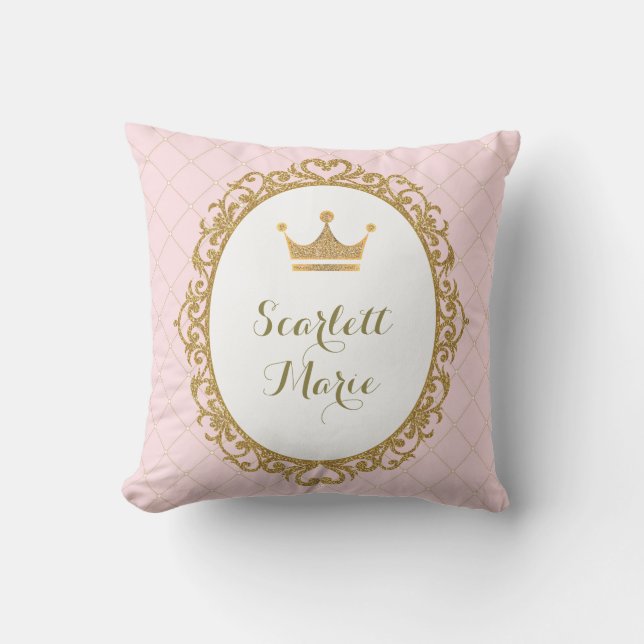 Pink Gold Royal Princess Crown Nursery Decoration Cushion (Front)