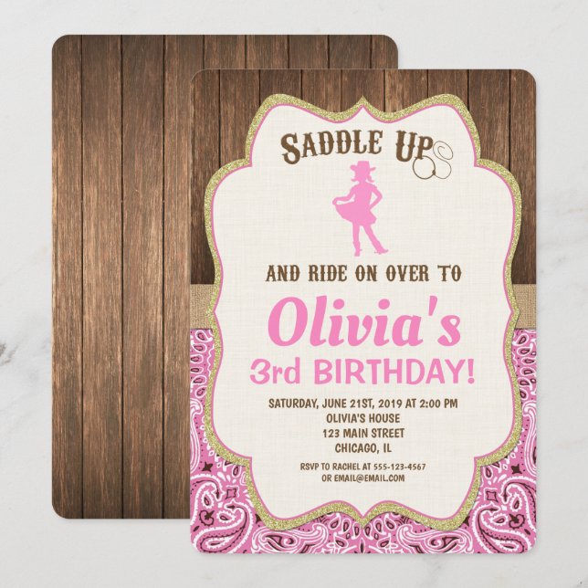 pink gold rustic cowgirl birthday invitations girl (Front/Back)
