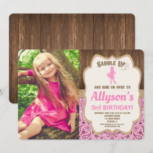 pink gold rustic girl cowgirl birthday photo invitation