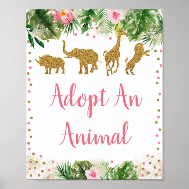 Pink & Gold Safari Adopt An Animal Birthday Sign (Front)
