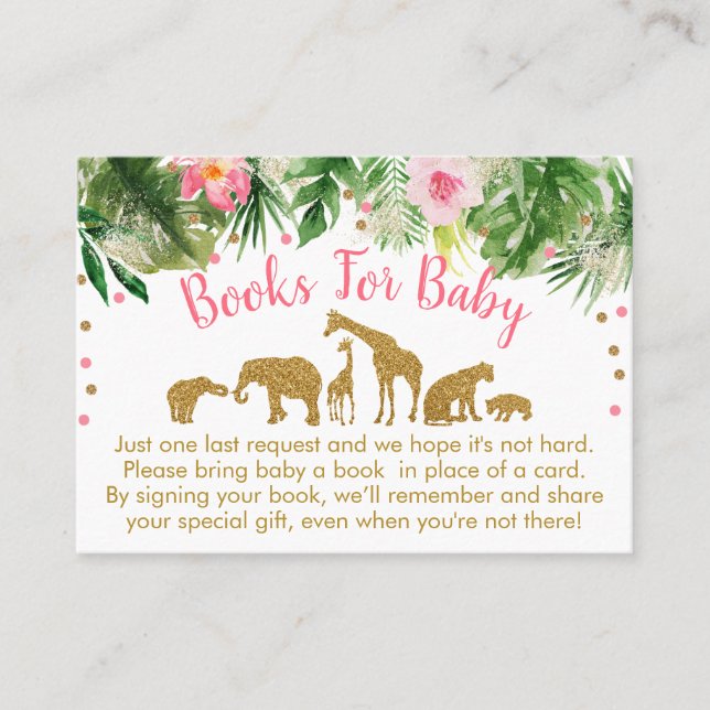 Pink & Gold Safari Animal Baby Book Request Cards (Front)