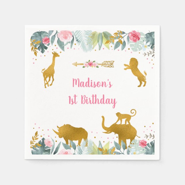 Pink Gold Safari Animal Greenery Birthday Napkin (Front)