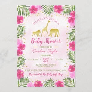 Pink Gold Safari Animals Floral Baby Shower Invitation