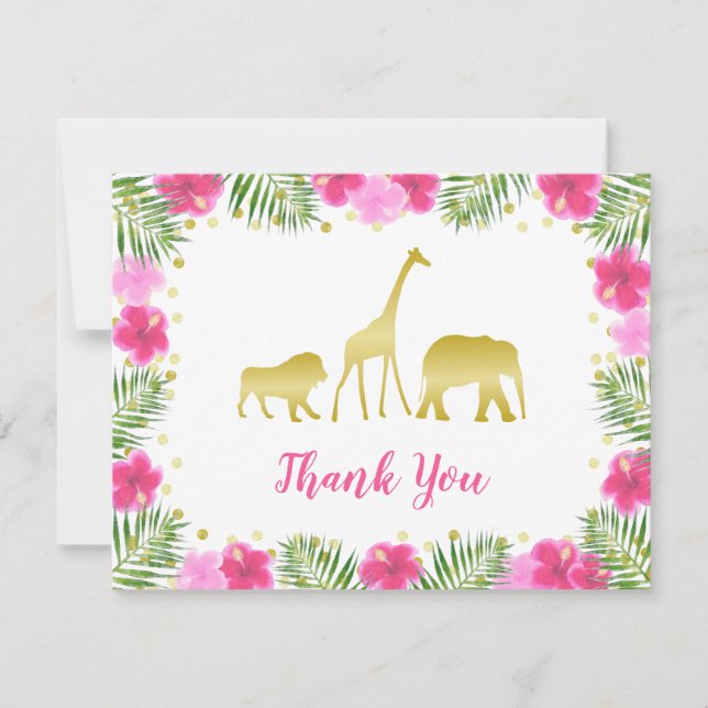 Pink Gold Safari Animals Floral Baby Shower Thank You Card (Front)