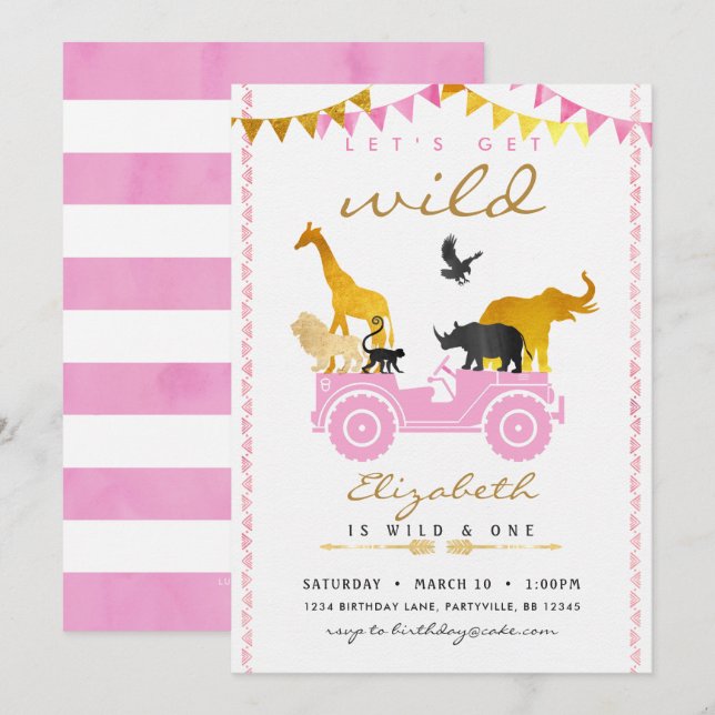 Pink Gold Safari Birthday Invitation (Front/Back)