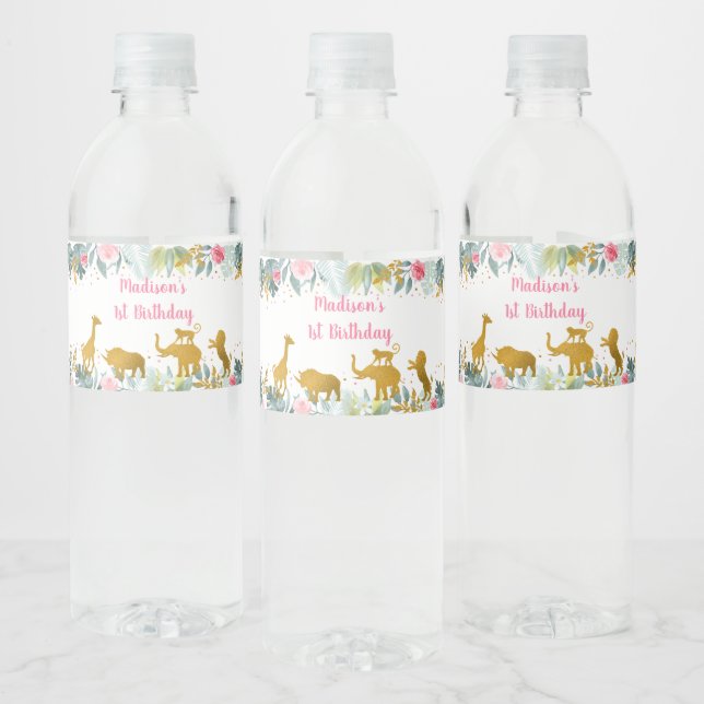 Pink Gold Safari Greenery Birthday Water Bottle Label (Bottles)