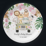 Pink Gold Safari Jungle Animals Greenery Baby Girl Paper Plate<br><div class="desc">This adorable design features tropical green and gold watercolor greenery,  pink florals and a group of cute jungle animals</div>