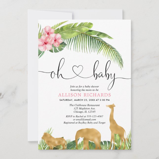 Pink gold safari jungle girl baby shower invitation (Front)