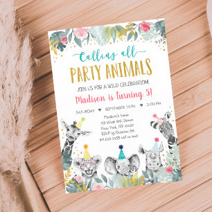 Pink Gold Safari Party Animal Birthday Invitation