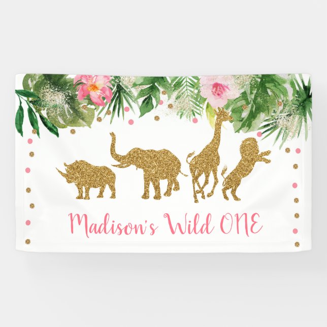 Pink & Gold Safari Wild One First Birthday Banner (Horizontal)