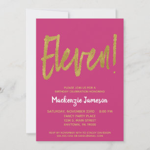 Pink Gold Script 11th Birthday Party Invitation