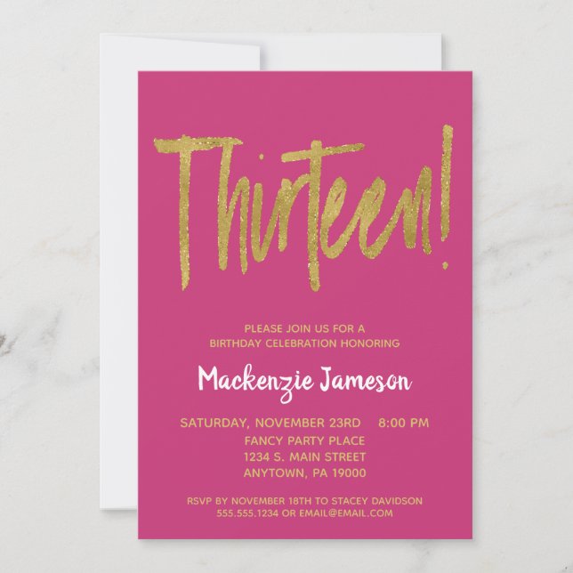 Pink Gold Script 13th Birthday Party Invitation (Front)