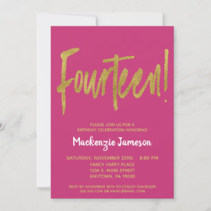 Pink Gold Script 14th Birthday Party Invitation