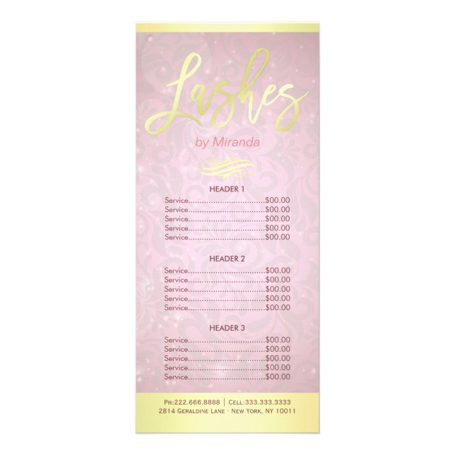 Pink Gold Script Lashes Makeup Artist Price List Rack Card (Front)