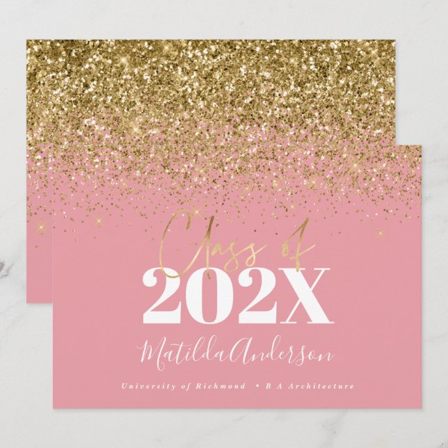 pink gold script modern elegant graduation  invitation (Front/Back)