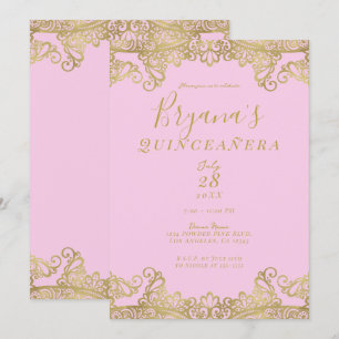 Pink & Gold Shine Lace Elegant Quinceañera   Invitation