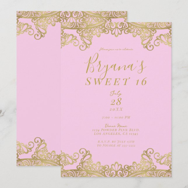 Pink & Gold Shine Lace Elegant Sweet 16 Party  Invitation (Front/Back)