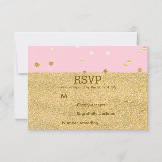 Pink & Gold Shiny Confetti Dots Chic Modern RSVP (Front)