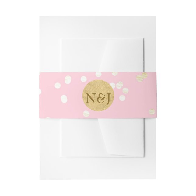 Pink & Gold Shiny Confetti Dots Modern Invitation Invitation Belly Band (Front Example)