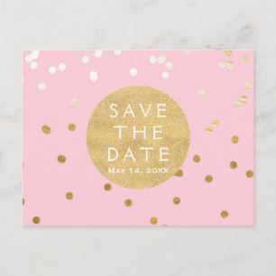 Pink & Gold Shiny Confetti Dots Save The Date Announcement Postcard