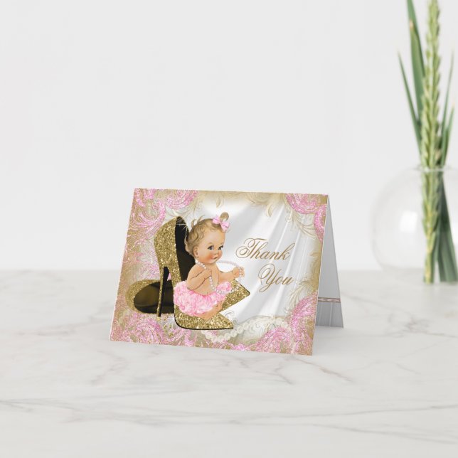 Pink Gold Shoe Girl Baby Shower Thank You Note Card (Front)