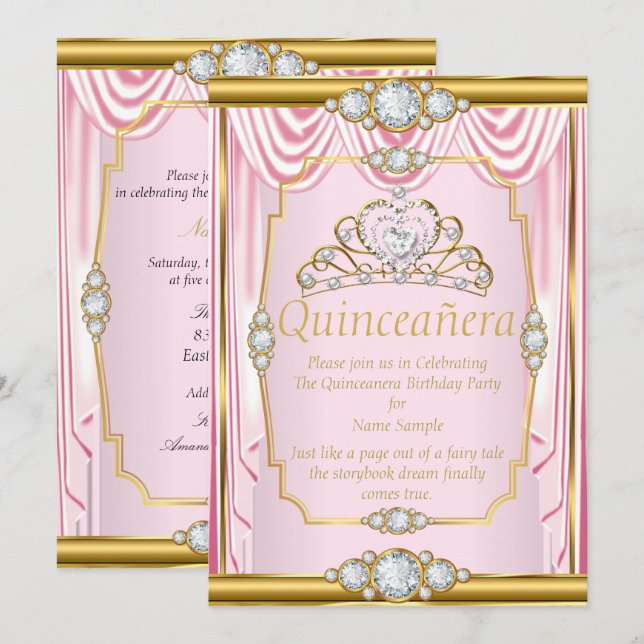 Pink Gold Silk Princess Quinceanera Blush Invite (Front/Back)