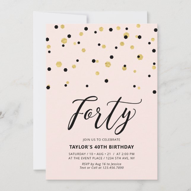 Pink & Gold Simple Forty 40th Birthday Party Invitation (Front)
