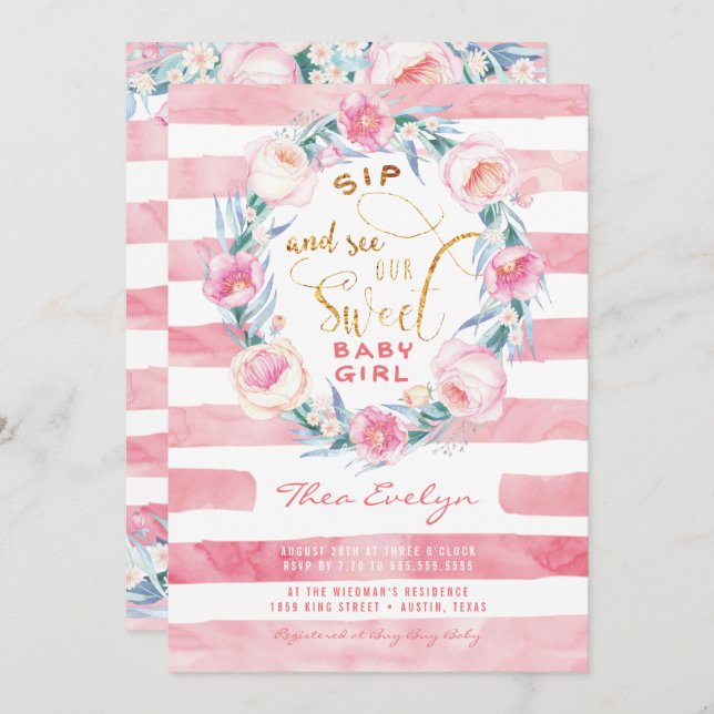 Pink & Gold Sip and See Baby Shower Invitations (Front/Back)
